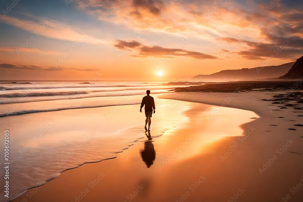 A serene coastal scene with a person walking barefoot on a sandy beach at sunset.