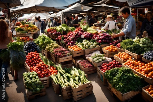 A bustling farmer's market with stalls selling fresh produce, flowers, and artisanal goods.