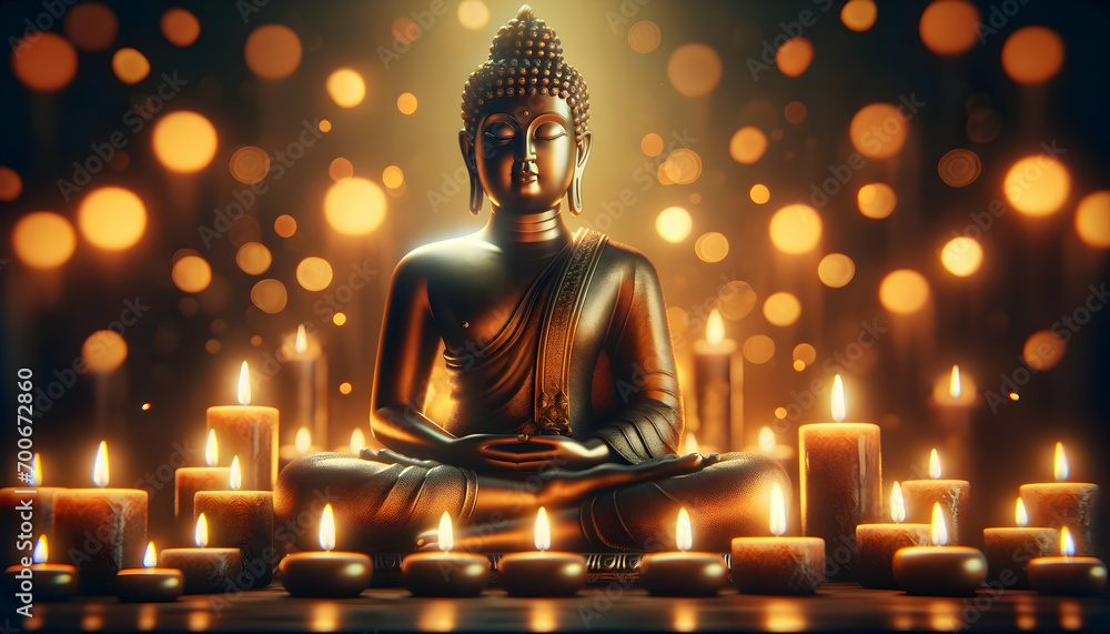 Magical buddha statue in the temple with burning candles. Magical buddha statue in the temple with burning candles.