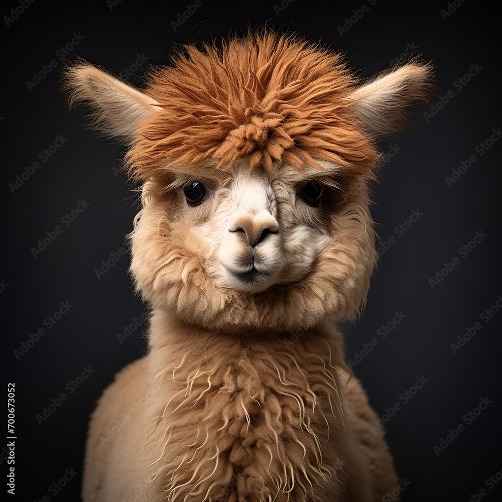 Portrait of adorable alpaca in studio on black background. Portrait of adorable alpaca in studio on black background.