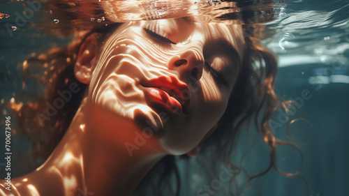 A picture of a beautiful woman with her eyes closed under water, grooming. cosmetics photo, beauty industry advertising photo.