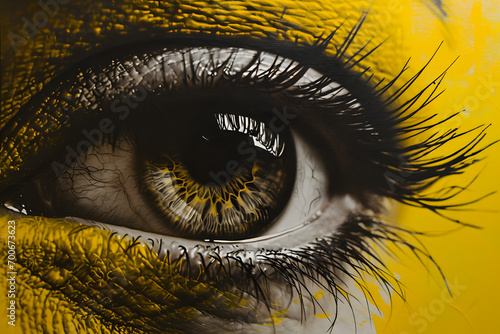 A Mesmerizing Eye Captured Against a Radiant Yellow Background, Reflecting Depth and Intensity photo