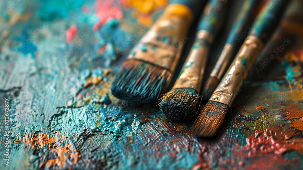Naklejka premium Minimalistic a few paint brush and paint background concept with empty space. The canvas is filled with paintings