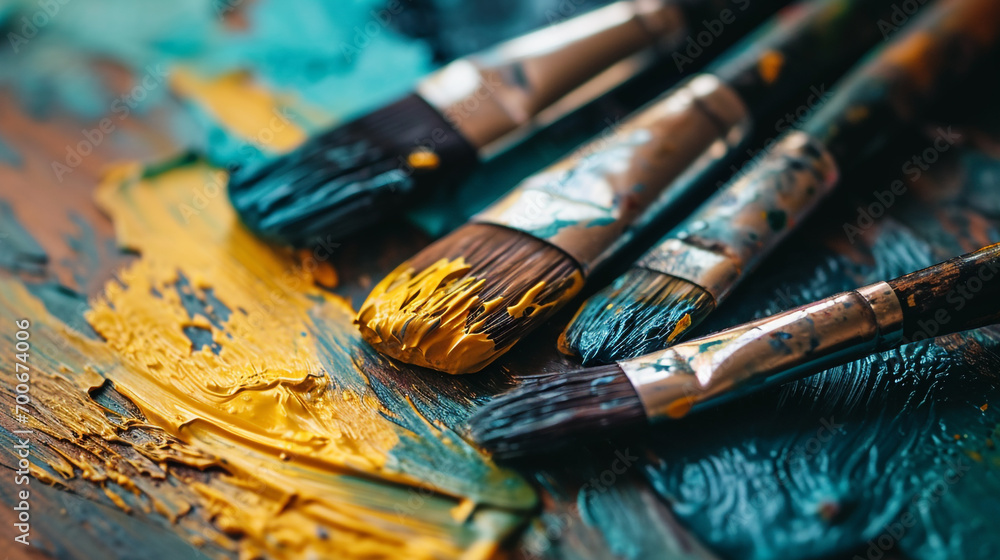 Fototapeta premium Minimalistic a few paint brush and paint background concept with empty space. The canvas is filled with paintings