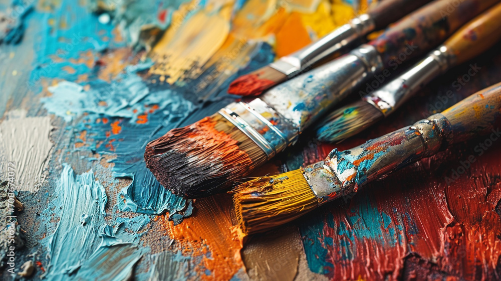 Fototapeta premium Minimalistic a few paint brush and paint background concept with empty space. The canvas is filled with paintings