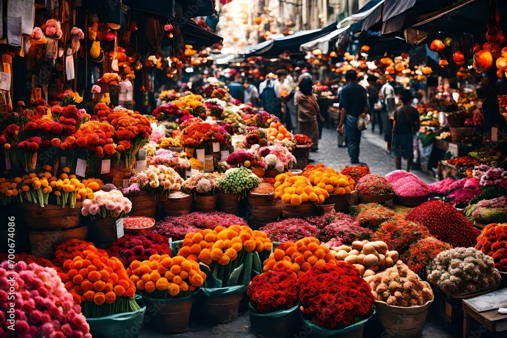 A bustling city market with stalls selling colorful flowers, fruits, and artisanal goods.