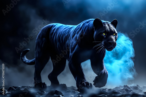 The Black panther. Dark gloomy background. AI