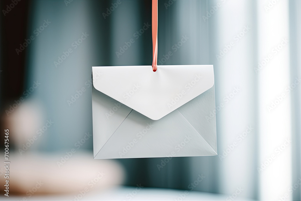 Blank envelope on a string, hanging against a blue and white background ...