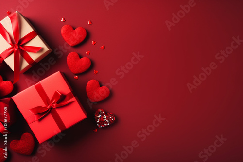 Valentine's day background with red hearts and gift box on red background Happy Valentines day