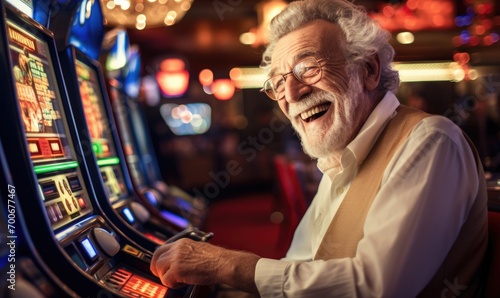 Crazy old man playing on slot machine in casino. photo