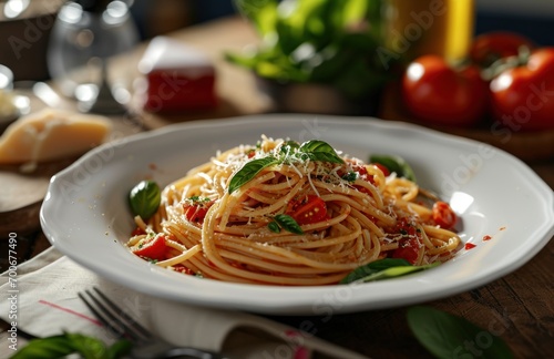 spaghetti on white plate with tomato