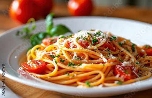 spaghetti on white plate with tomato