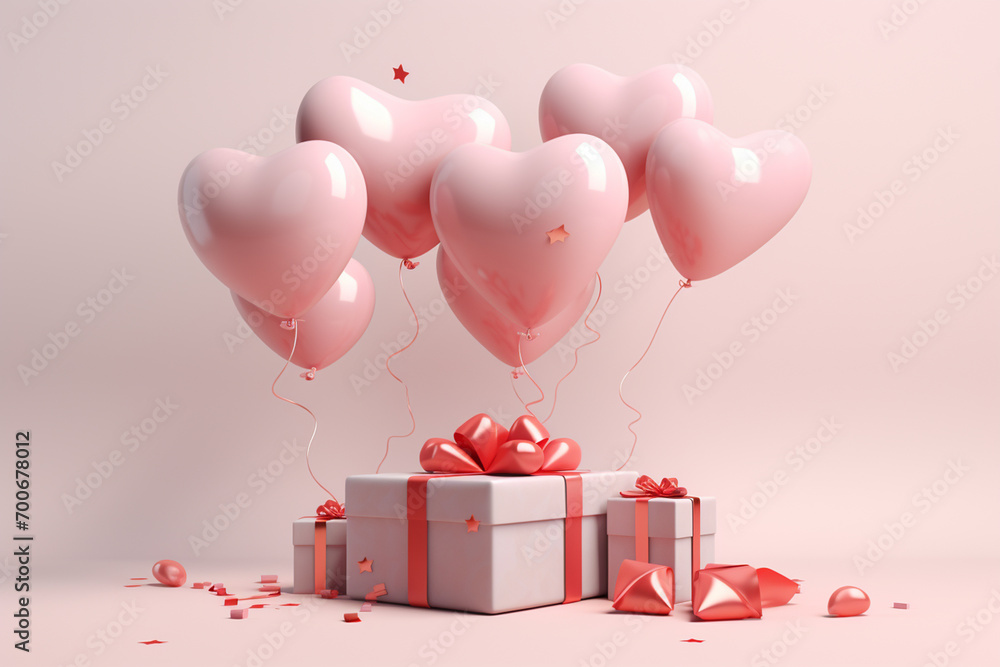 Valentine's day background with gift box and hearts. 3D Render Happy Valentine day