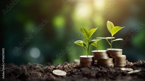 Green Globe with world map and stack of silver coins the seedlings are growing on top. Concept of Green business, finance and sustainability investment. Carbon credit. money saving investment