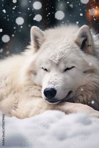 Portrait of a beautiful white wolf lying in the snow in winter