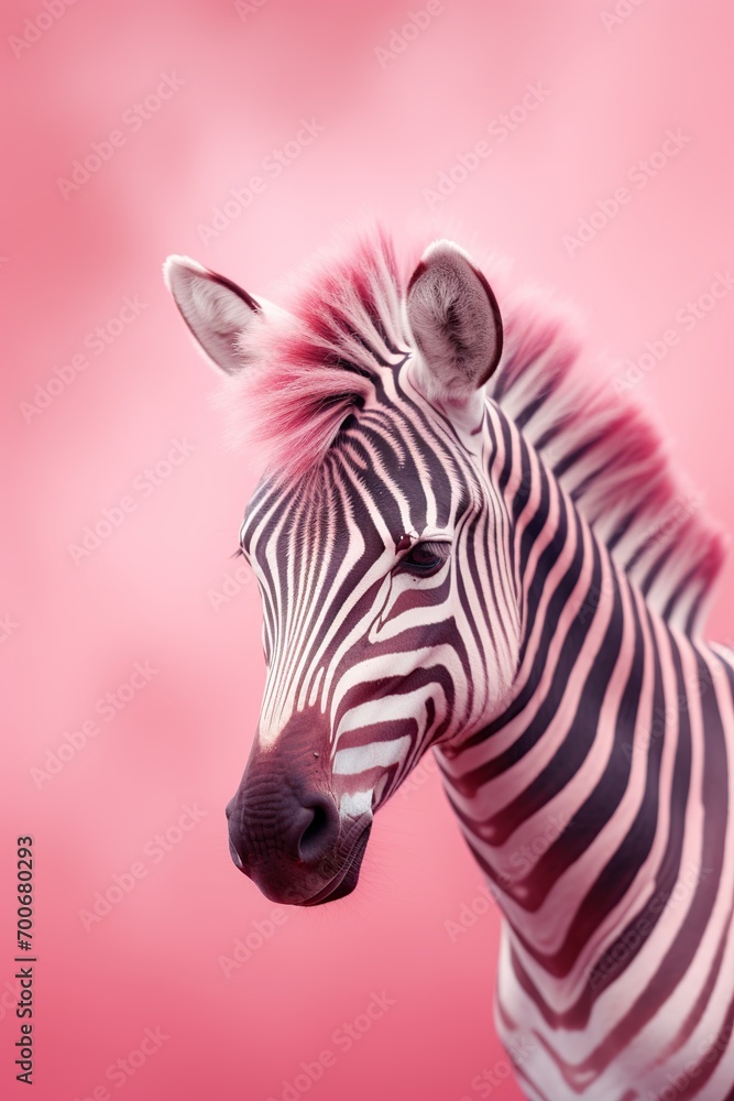 Portrait of a zebra with pink hair on a pink background Portrait of a zebra with pink hair on a pink background