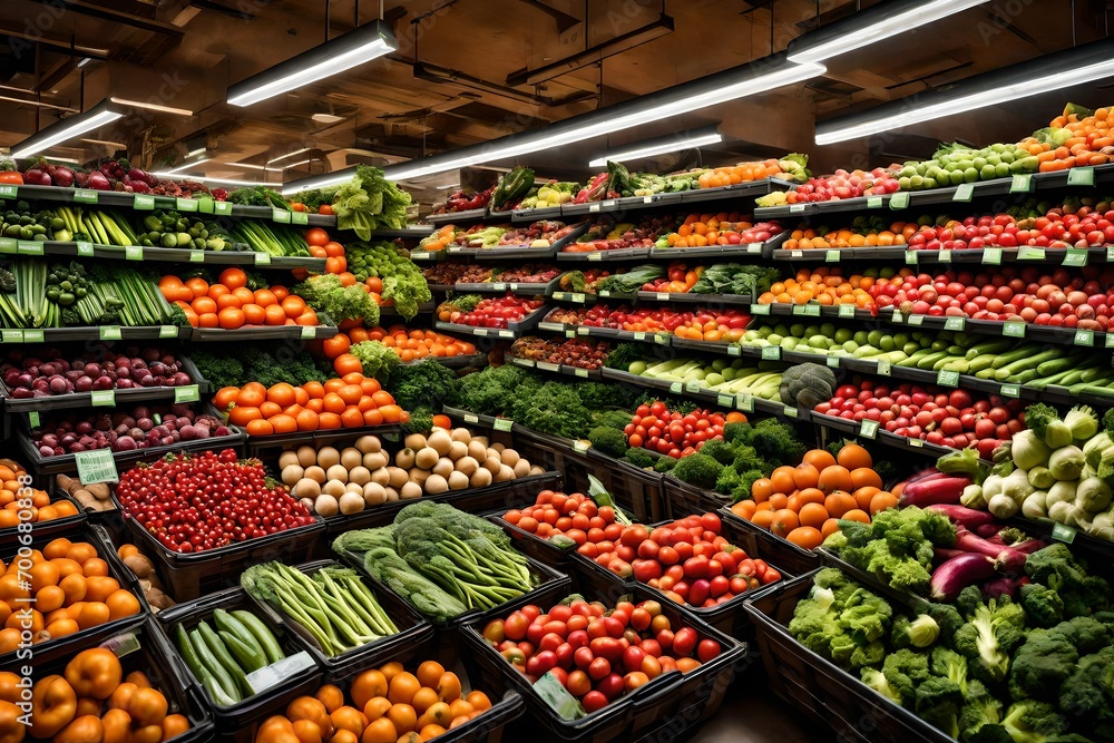 A grocery store aisle filled with neatly arranged fresh vegetables and fruits.