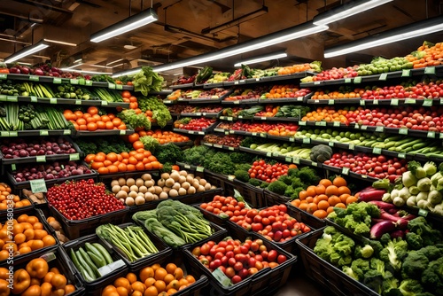 A grocery store aisle filled with neatly arranged fresh vegetables and fruits.