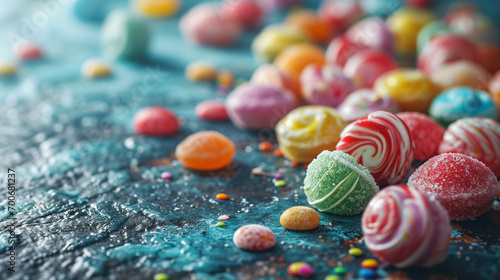 Minimalistic multi-color candy background concept with empty space. Cheerful color and bokeh background