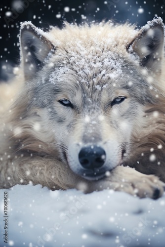 Portrait of a wolf lying in the snow. Snowfall.