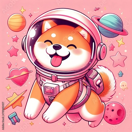 Astronauta Intelligente. un simpatico astronauta shiba inu felice su uno sfondo rosa, arte digitale. photo