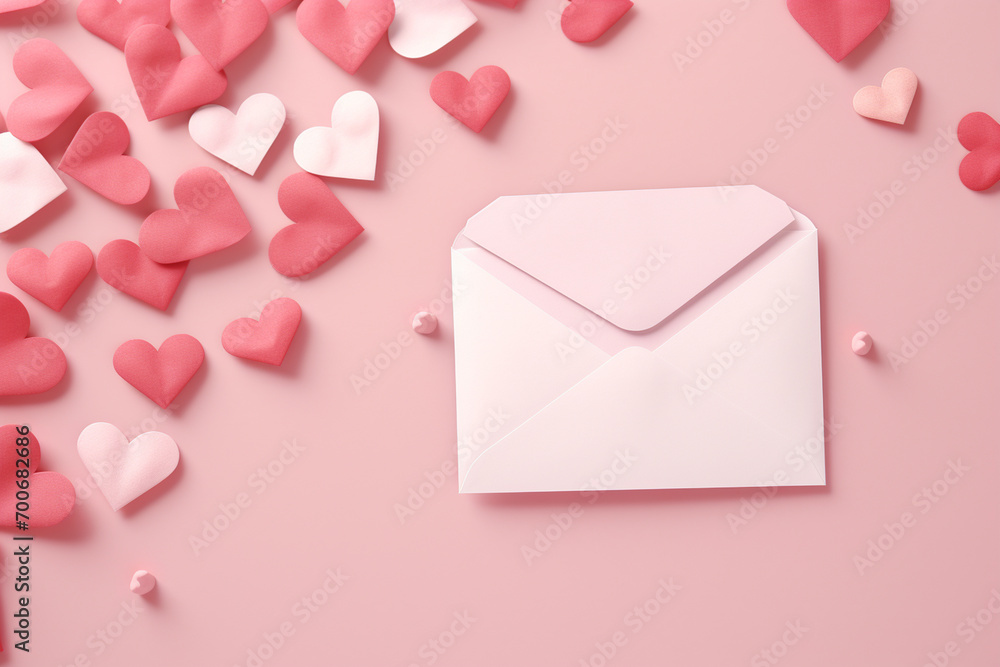 Envelope with paper hearts on pink background. 3d rendering