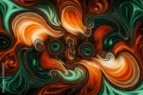 Liquid jade and tangerine in a mesmerizing, abstract whirlwind.