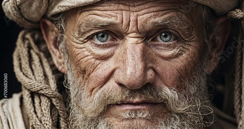 A close-up view of the wise sailor's weathered face, highlighting each intricate wrinkle and the glistening reflections in his experienced eyes -Generative Ai