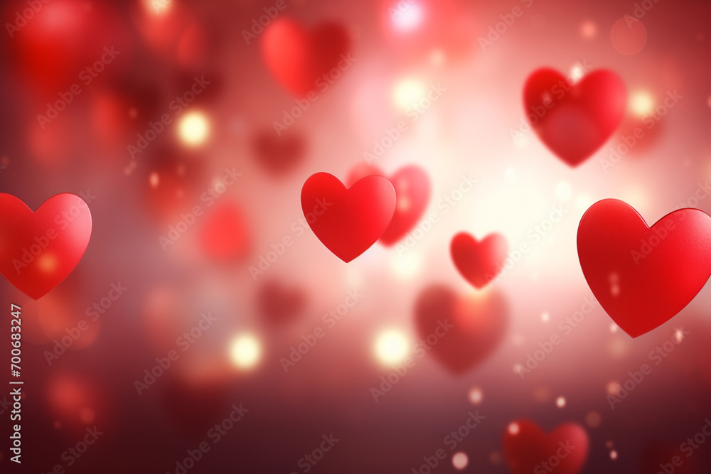 Valentines day greeting card with red hearts on wooden table over bokeh background.