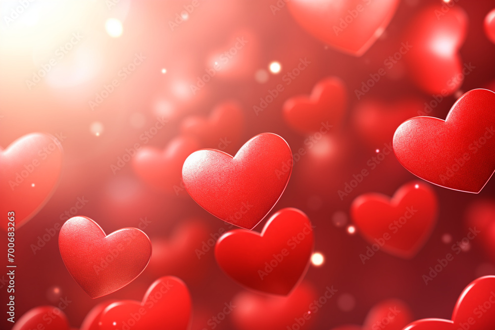 Valentines day greeting card with red hearts on wooden table over bokeh background.