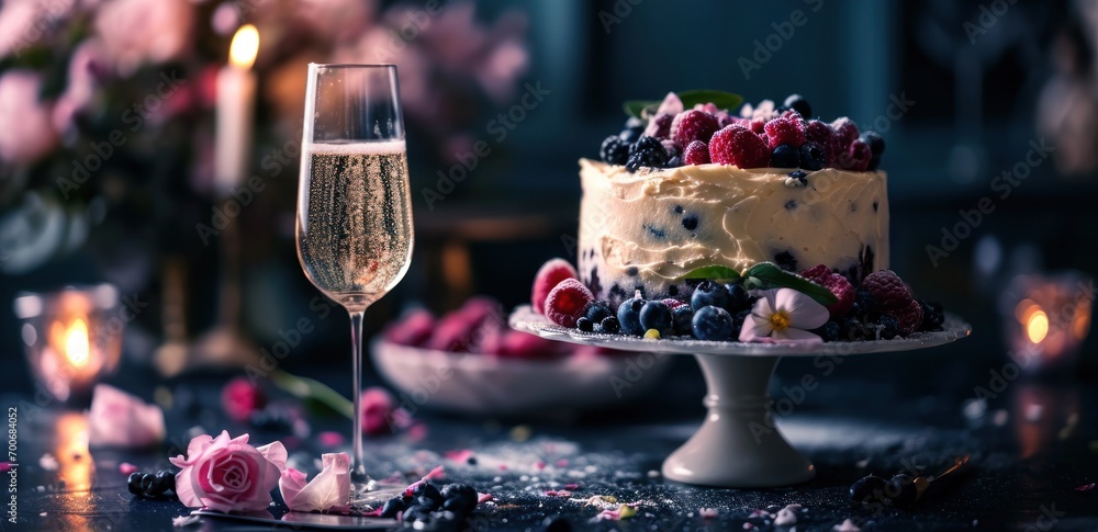 this image shows an elegant cake with a glass of champagne
