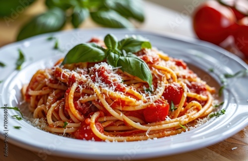 white plate with spaghetti sauce  basil and tomatoes