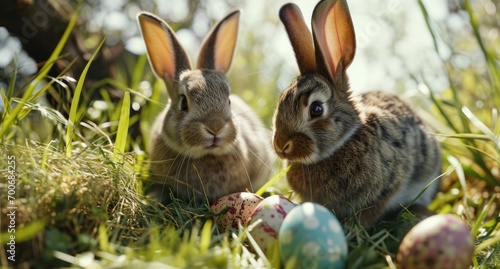 two bunnies and easter eggs in a grassy area © olegganko
