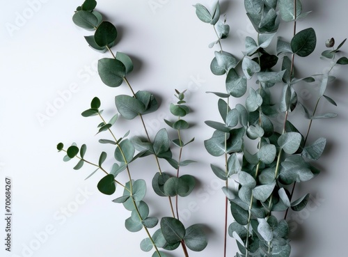 two eucalyptus branches on a white wall
