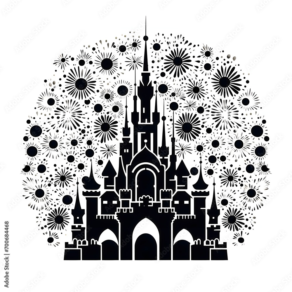 Sketch of a castle and fireworks above it white background. New Year's fun and festivities.