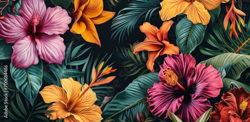 Obraz na płótnie tropical flowers painted on black background
