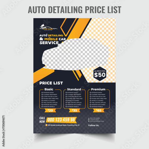 Auto detailing mobile service price list rental flyer design.