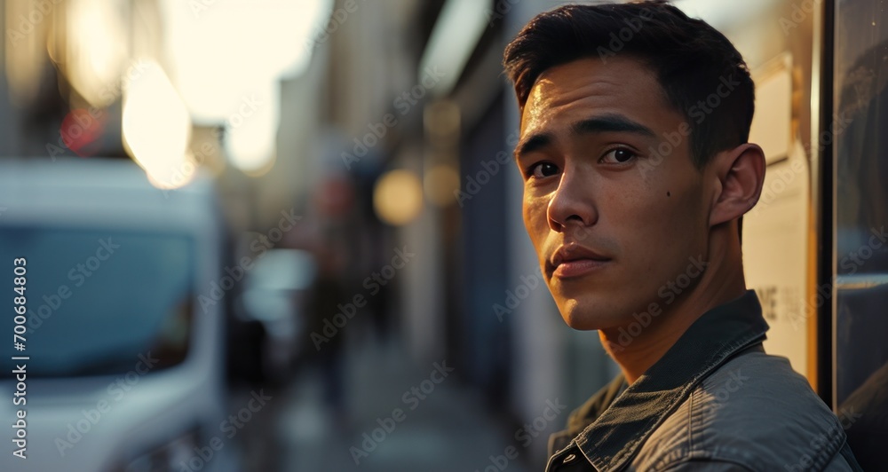 Fototapeta premium young man in face next to a delivery van