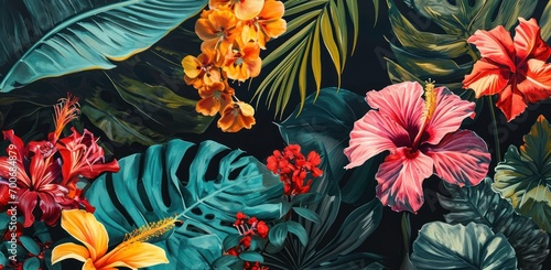 tropical flowers painted on black background