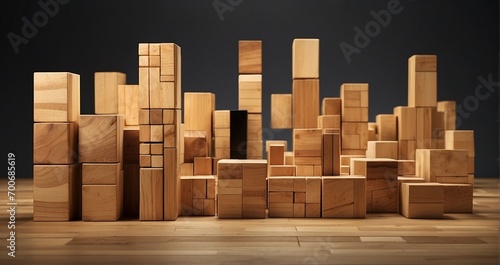 Market Value Matrix An artistic composition of wooden cubes displaying fluctuating market values, symbolizing the dynamic nature of the 2024 economy in a sleek, digital manner -Generative Ai photo