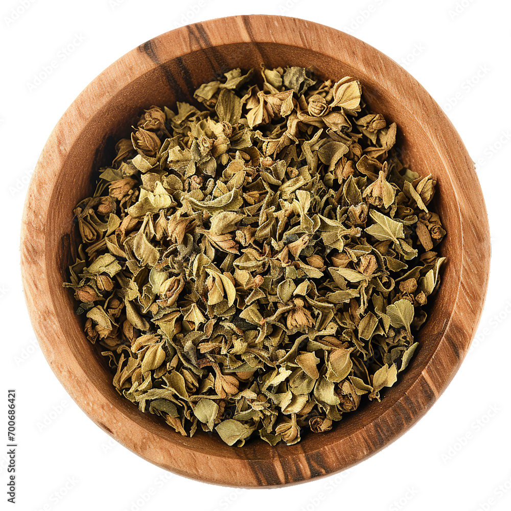 dried marjoram leaf, top view, wooden bowl, transparent background, isolated image, generative AI dried marjoram leaf, top view, wooden bowl, transparent background, isolated image, generative AI