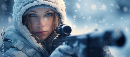 a female huntress using a gun in the snow