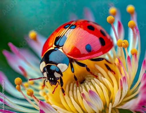 Macro shots  Beautiful nature scene.  Beautiful ladybug on leaf defocused background