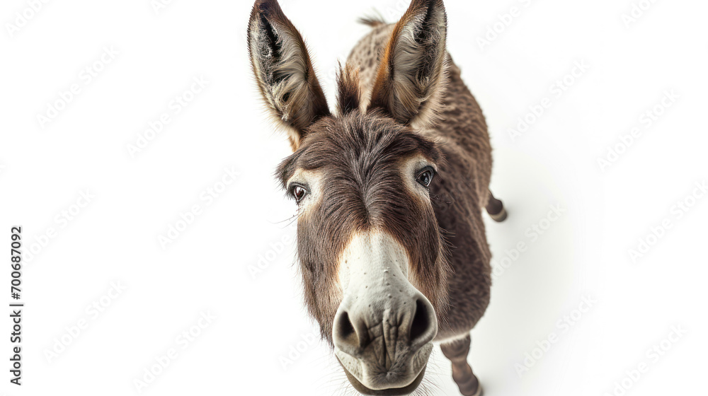 Fototapeta premium a grey donkey on white background is looking up. Generative AI