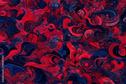 Vivid crimson and midnight indigo in a cosmic ballet of abstract forms.
