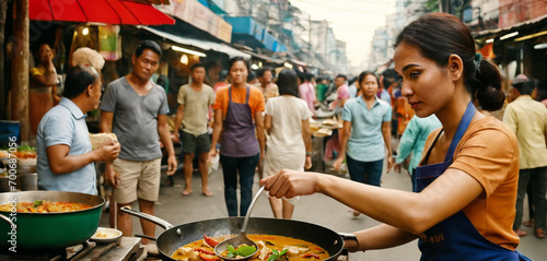 Typical Asian street kitchen, street stall with street food, Asian adult woman stands and cooks Thai curry in a large frying pan on the open street with many locals around, fictional location photo