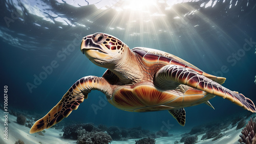 Sea turtle in underwater of open ocean