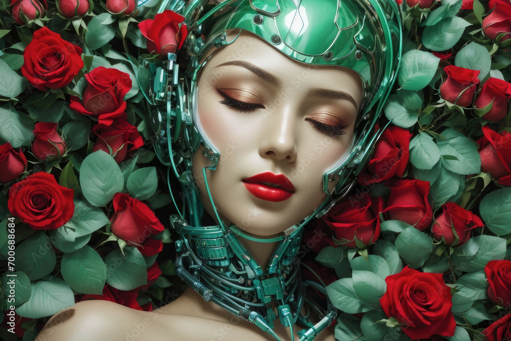 beautiful female human face with androgynous features and cybernetic systems surrounded by red roses head beautiful female human face with androgynous features and cybernetic systems surrounded by red roses head