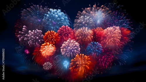 Colorful fireworks, explosion in the night sky forming the shape of a heart. New Year's fun and festivities. photo