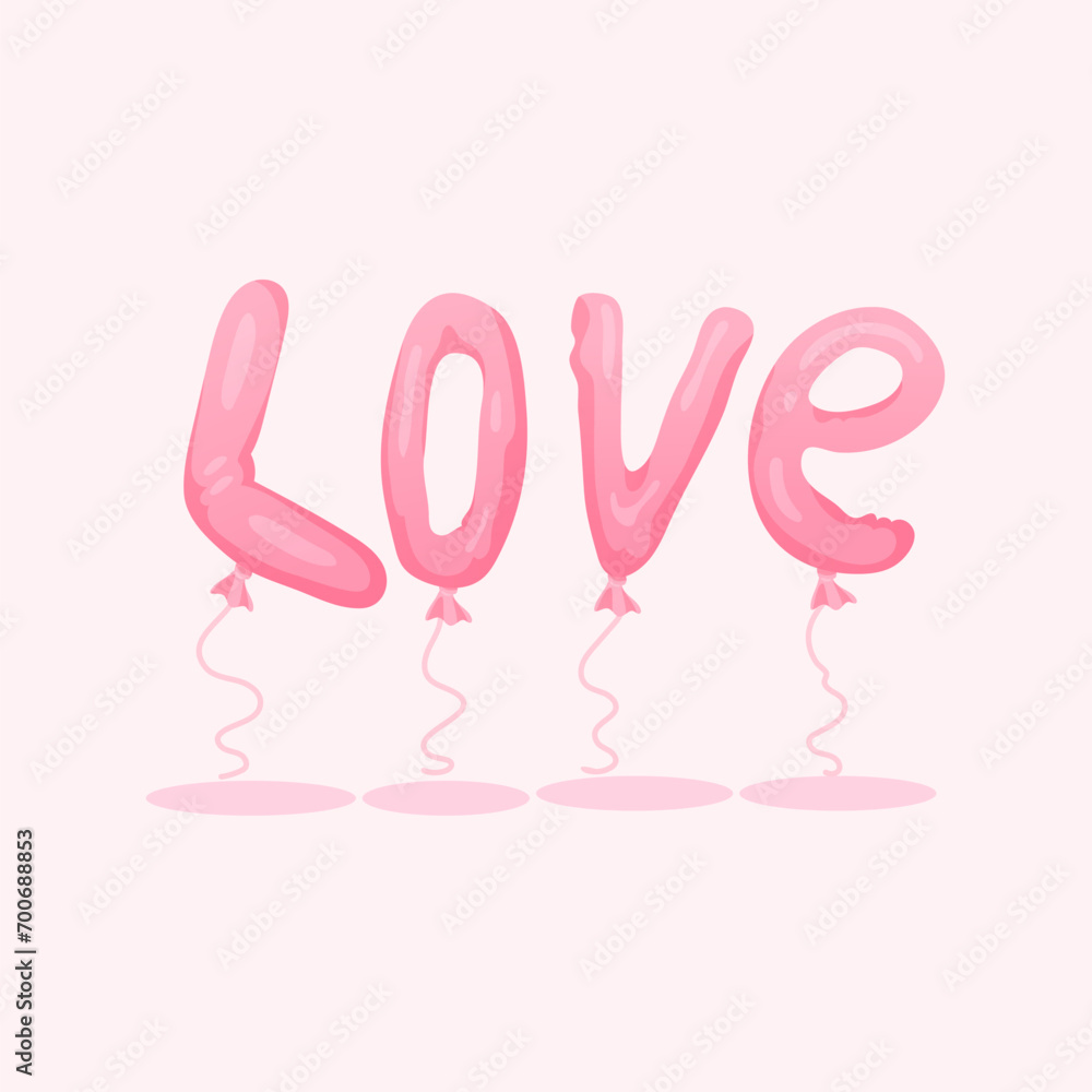 Cute pink illustrations for Valentine's day. Hearts on a light pink background for any purpose.Pink words inflatable balloons on a pink background .